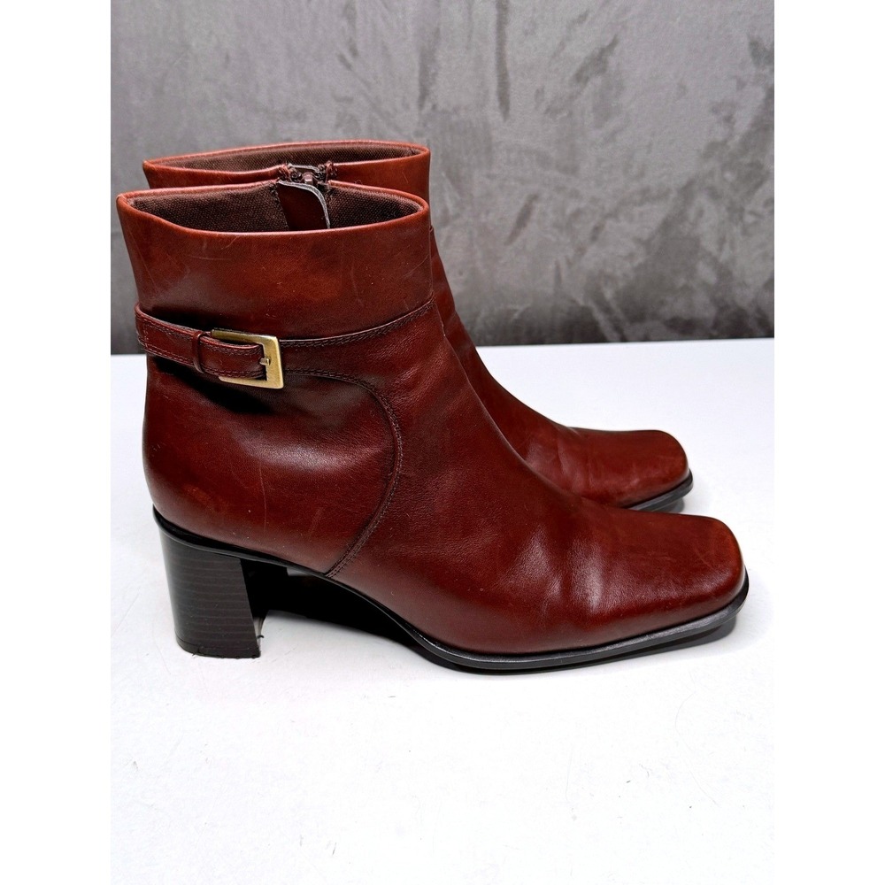 Vtg Y2K Villager Ankle Boots Womens 8 Brown Leather Square Toe Block Heel Buckle